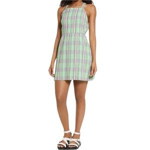 NWT BP Print Square Neck Cotton Mini Dress.  Open Back. Green. Small